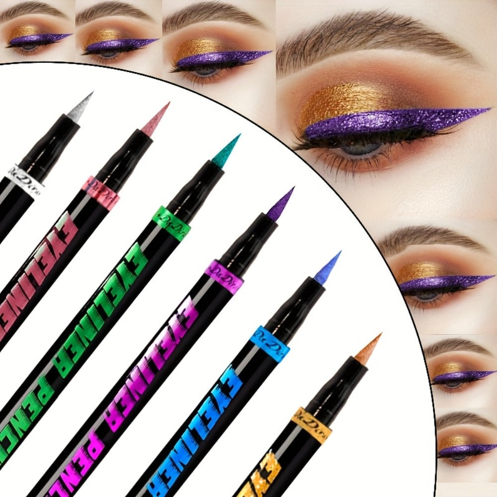 Colored Eyeliner Pencil Set with Six Shades in Blue, Purple, Green, Pink, Black and Gold-Tone Looks