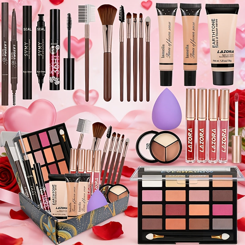 Makeup Kit with 18-Color Eyeshadow Palette, Face, Lip and Eye Cosmetics, Brushes and Tools in a Red Gift Box