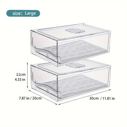 Stackable Fridge Organizer Bins with Drawer, Refrigerator Storage Containers with Drain Board & Ventilation