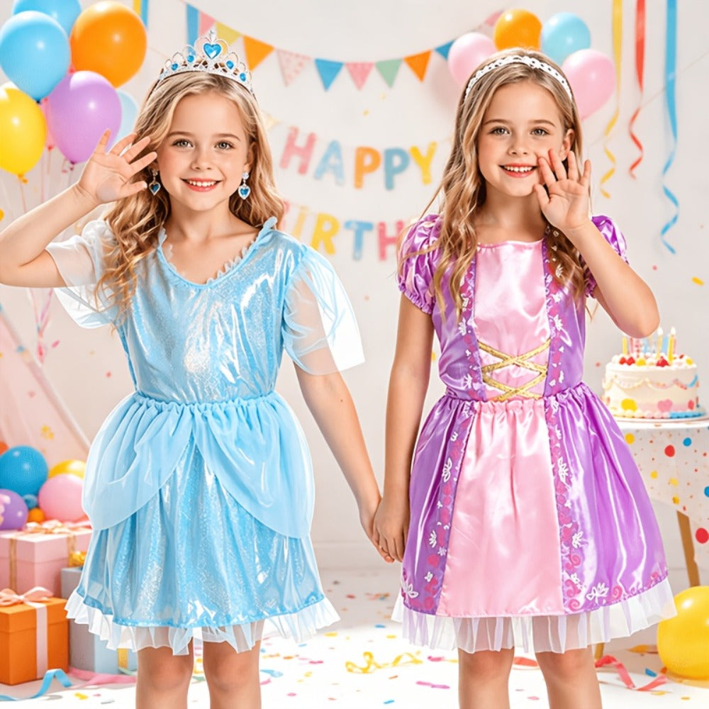 Girls Princess Dress Up Costume Set 14pcs, 5 Role Play Outfits with Crowns, Earrings & Storage Box