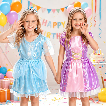 Girls Princess Dress Up Costume Set 14pcs, 5 Role Play Outfits with Crowns, Earrings & Storage Box