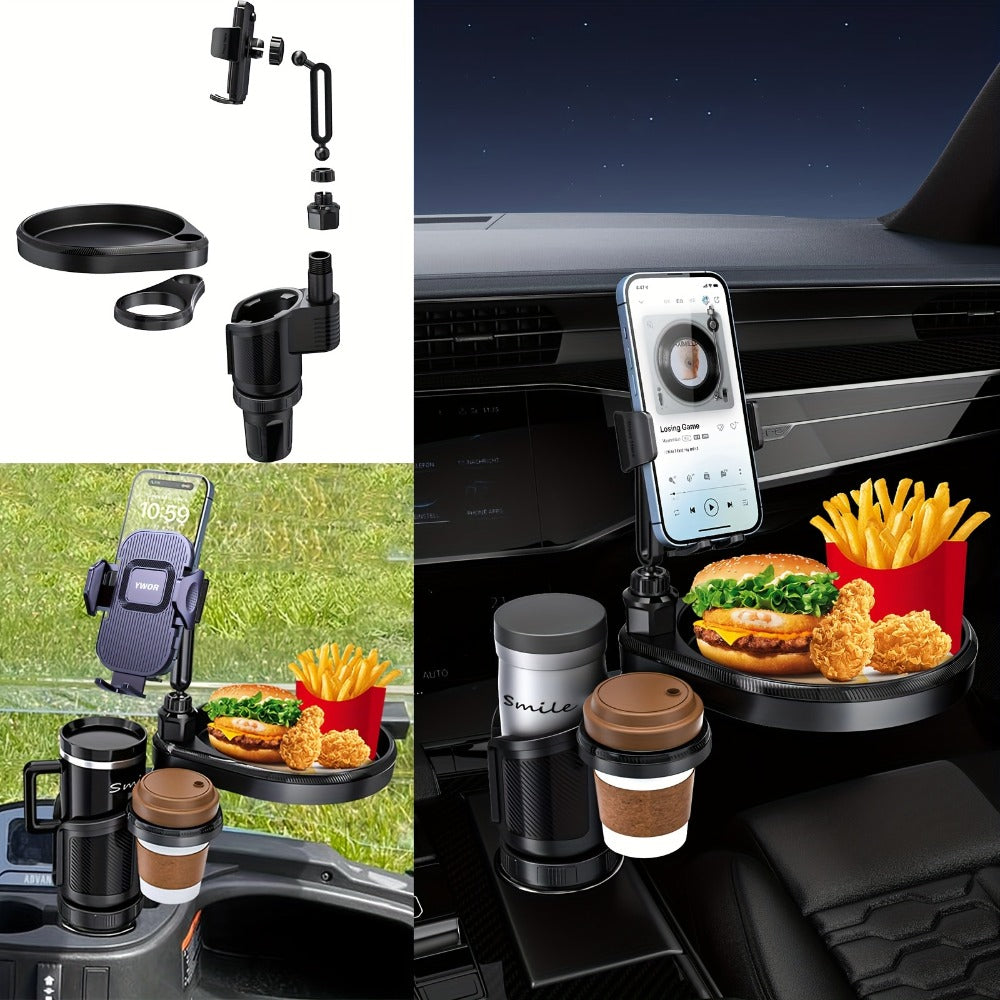 Car Cup Holder Expander with 7.7 Inch Tray, 2.7 Inch Drink Ring, Phone Mount and 58-86 mm Adjustable Base