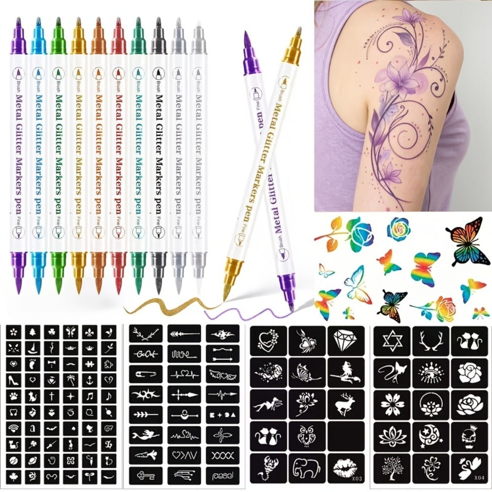 Double-Ended Tattoo Pen Set 10 Pcs with 114 Templates & Butterfly Stickers, Waterproof Sweat-Resistant DIY
