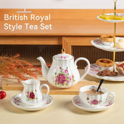 Porcelain Tea Set Service for 6 British Royal Floral Design with Teapot Sugar Bowl Cream Pitcher Teaspoons Tea Strainer 8oz Cups Saucers