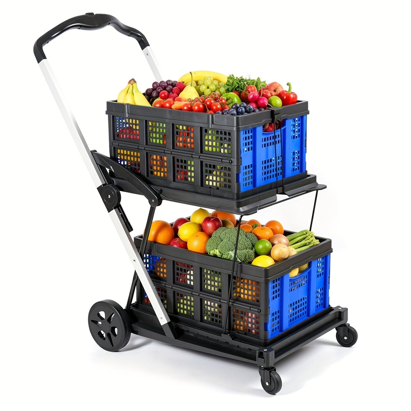 Two Tier Cart with 2 Storage Crates 360° Swivel Wheels, for Garden, Patio and Yard Use, with the Listed Configuration