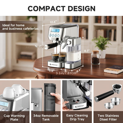 Espresso Machine 20 Bar with Milk Frother, Dual Boiler Coffee Maker, Touch Control, Cappuccino & Latte Machine with Dual Wall Filters