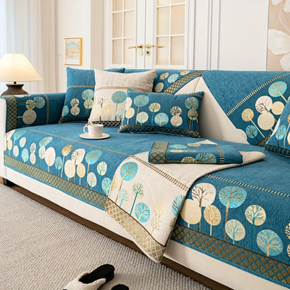 Sofa Cover, Geometric Embroidered Knit Couch Pad in Gray, Blue or White with Three Size Options
