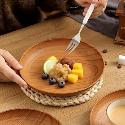 10pcs Wood Grain Dinner Plates Set – Round Striped Plastic Serving Trays for Home Kitchen Dessert Shop Restaurant