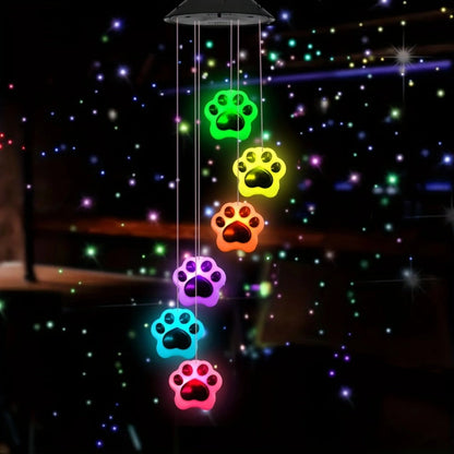 Solar Wind Chime Light Paw Print RGB Color Changing Outdoor Garden Hanging Decoration for Entryways, Bedrooms and Living Spaces