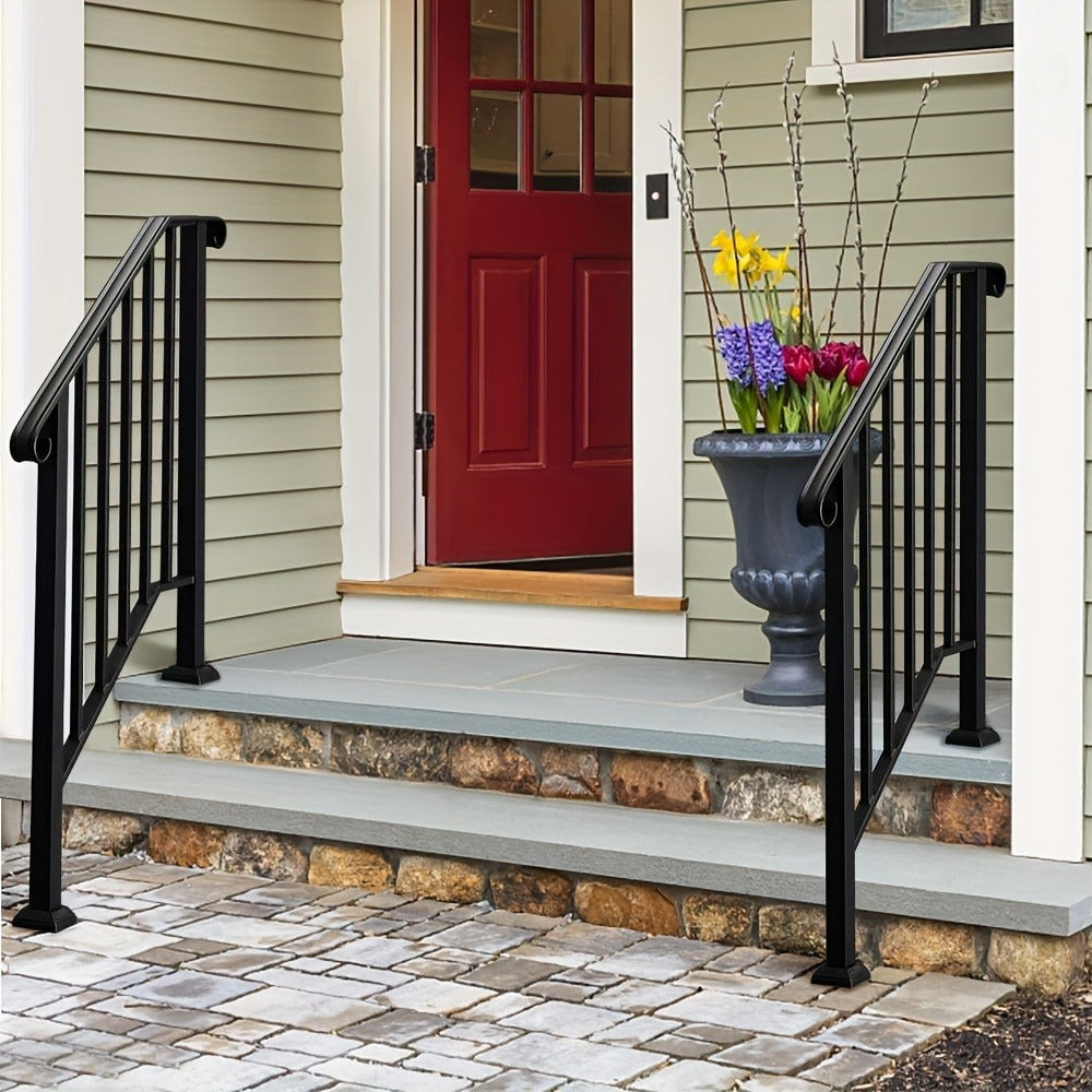 Wrought Iron Stair Handrail for 2-3 Steps - Matte Black & White Powder Coated Iron Picket Railing with Stainless Steel Post Mounts