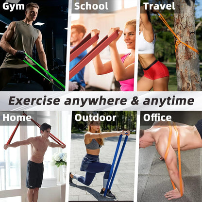 Four-Piece Mixed-Color Long Loop Resistance Band Set with Drawstring Bag and Pictured 5-125 lb Labels
