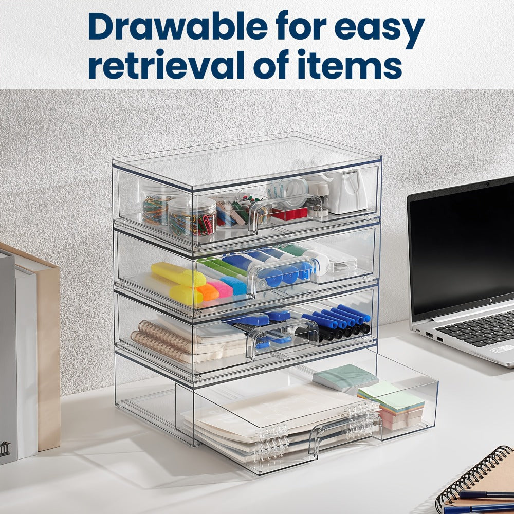 Clear Stackable Desk Drawer Organizer Trays in 2- or 4-Pack Wide Configurations, Approx. 30.7 x 19 x 8.8 cm