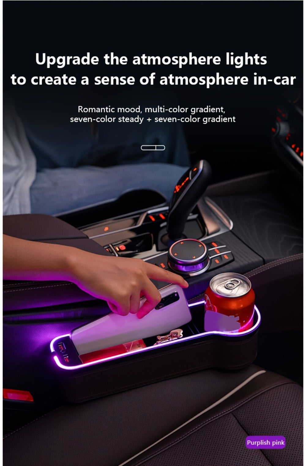 Black Lighted Seat-Gap Car Organizer with Phone Slot, USB Ports and Driver, Passenger or Pair Options