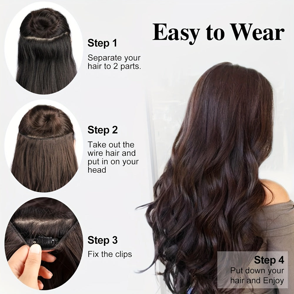 Invisible Wire Hair Extensions 22 Inch for Women – Transparent Fish Line 4 Clips Long Wavy Hairpiece for Thin Fine Hair