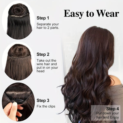 Invisible Wire Hair Extensions 22 Inch for Women – Transparent Fish Line 4 Clips Long Wavy Hairpiece for Thin Fine Hair
