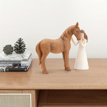 Horse Figurine Gift for Girls Women Hand-Painted Resin Girl with Horse Sculpture Cowgirl Equestrian for Garden, Patio and Yard Use