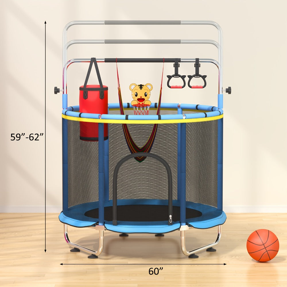 Kids Trampoline with Enclosure and Gymnastics Bar, 60" Height Adjustable Safety Net Trampoline for Toddlers Ages 3+