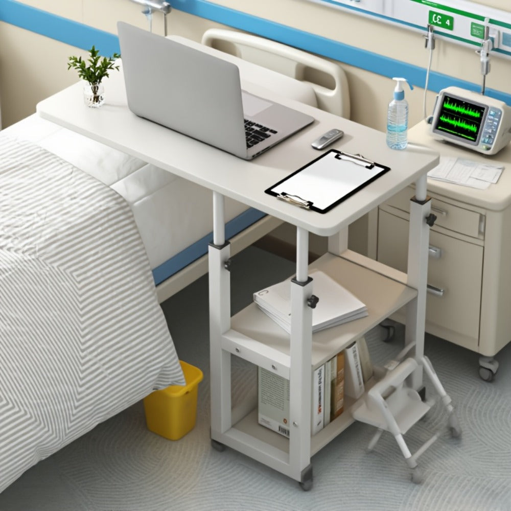 Adjustable Overbed Table with Rolling Shelf Frame and Six Color Checkout Options from Burlap to Deep Glacier