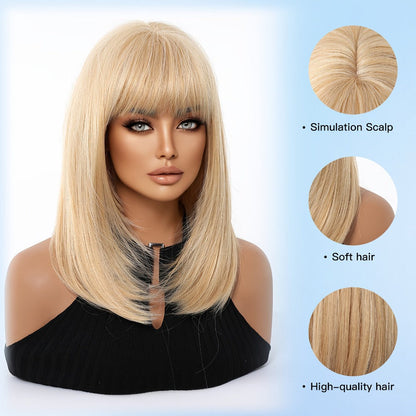 Synthetic Wig 14-Inch Golden Layered Straight Style with Full Bangs and Glueless Rose Net Cap