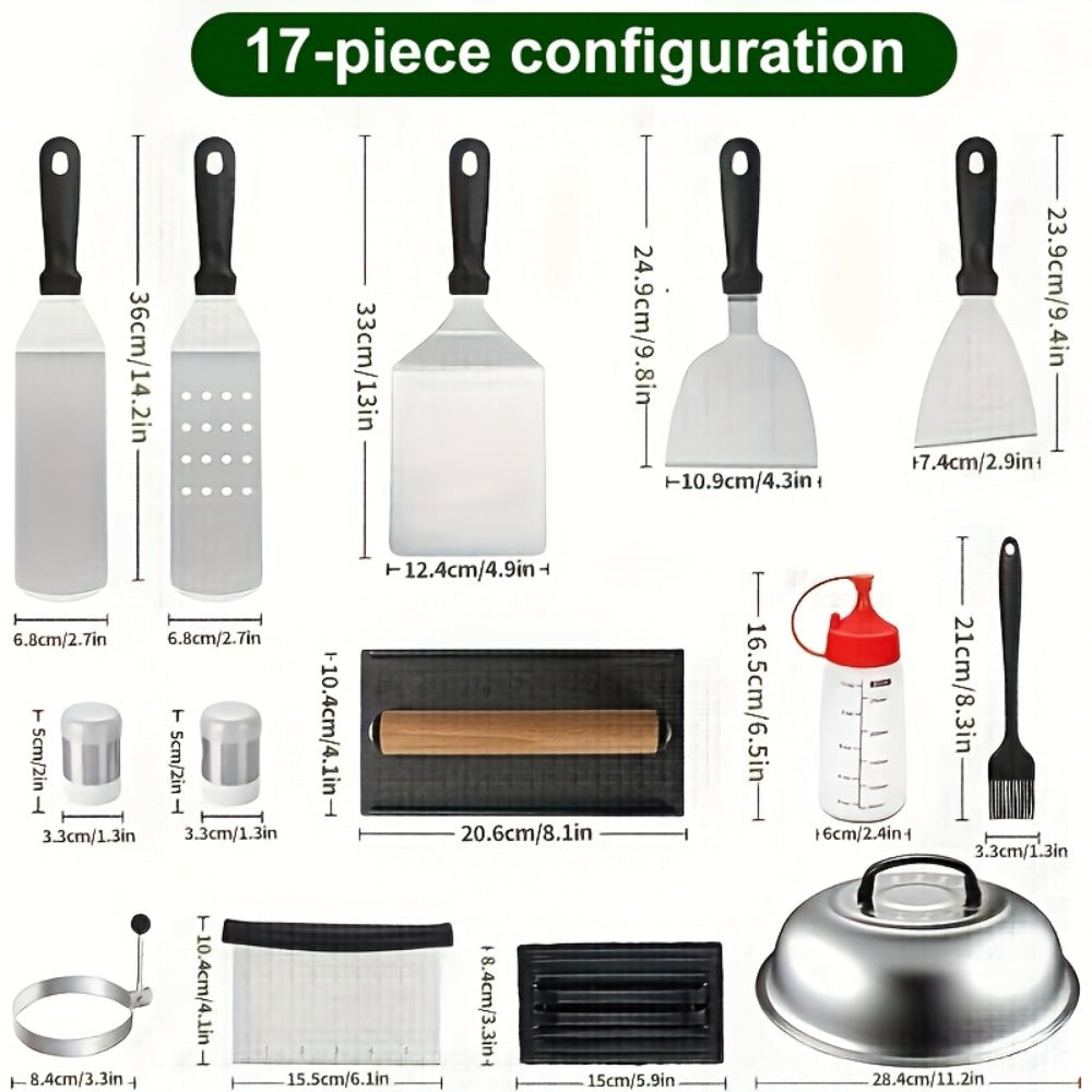 BBQ Grill Tool Set 8/17pcs, Teppanyaki Meat Press & Barbecue Accessories for Outdoor Camping, Kitchen & Parties