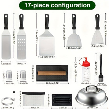 BBQ Grill Tool Set 8/17pcs, Teppanyaki Meat Press & Barbecue Accessories for Outdoor Camping, Kitchen & Parties