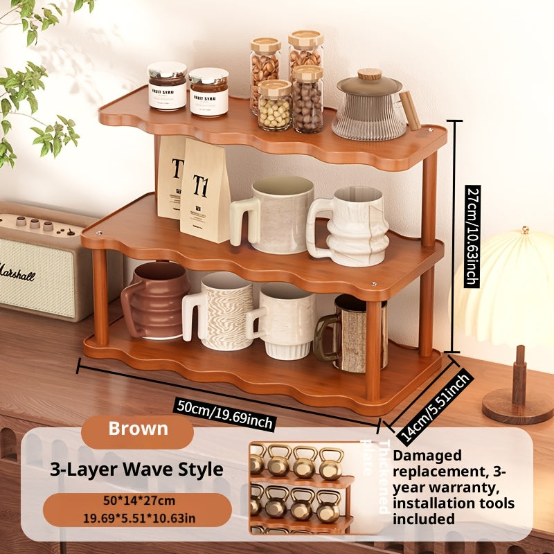 Cup Display Rack Kitchen Organizer 2 or 3 Tier Wave-Style Ladder Shelf in Six Brown Variant Options