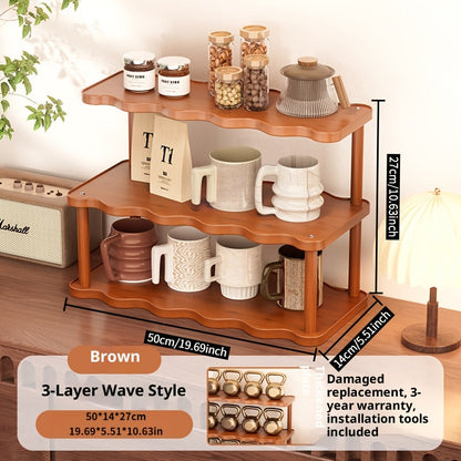 Cup Display Rack Kitchen Organizer 2 or 3 Tier Wave-Style Ladder Shelf in Six Brown Variant Options