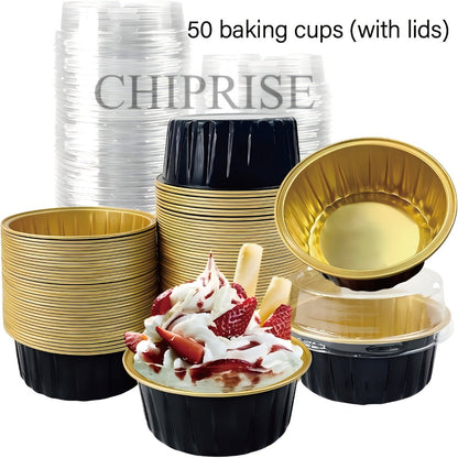 Aluminum Foil Baking Cups with Lids, Disposable Cupcake Molds with Spoons, Foil Dessert Cups for Pudding Muffins Mousse