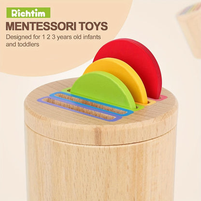 Wooden Color Sorting Coin Box Toy for Toddlers 1+, Montessori Educational Sensory Learning Toy with 10 Colorful Blocks & Storage Bag