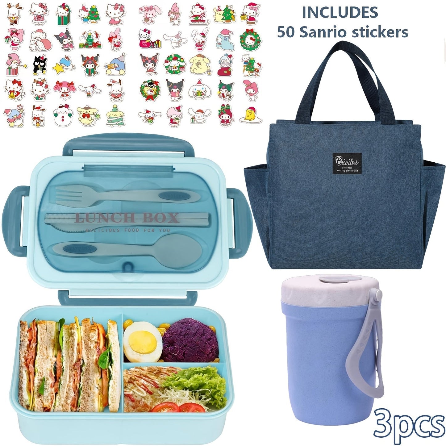 Sanrio Lunch Box Set 53pcs Bento Box with Thermal Bag Breakfast Cup Portable Sealed Compartment Microwave for Work Picnic School