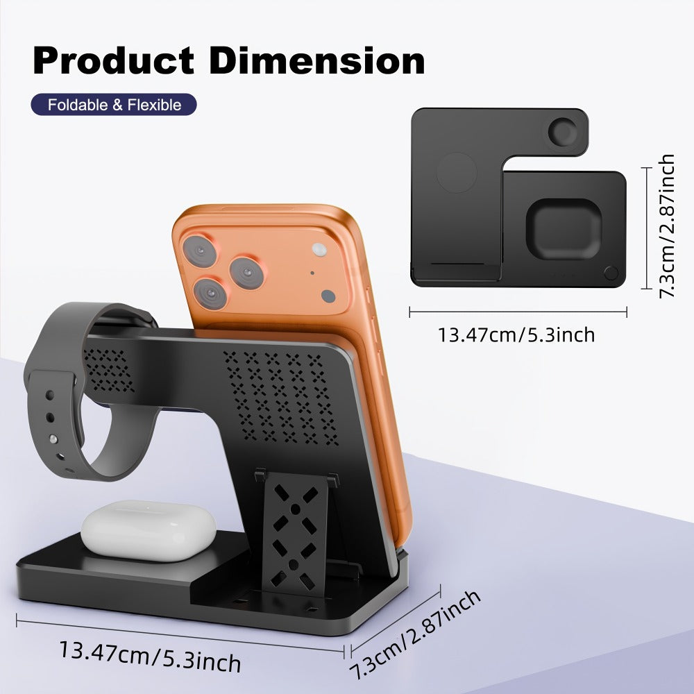 Foldable 3-in-1 Wireless Charging Station with LED Indicator & Anti-Slip Fast Charge for iPhone 17 16 15 14 13 12 11 Pro Max XR XS