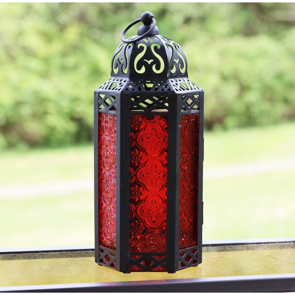 Moroccan Candle Lantern Holder - Decorative Metal & Glass Lantern with Embossed Floral Design for Indoor Home Decor