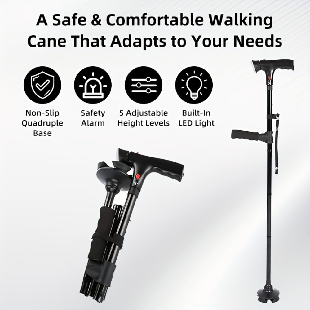 Foldable Walking Cane for Seniors Adjustable Height Folding Stick with Wrist Strap T-Handle for Entryways, Bedrooms and Living Spaces