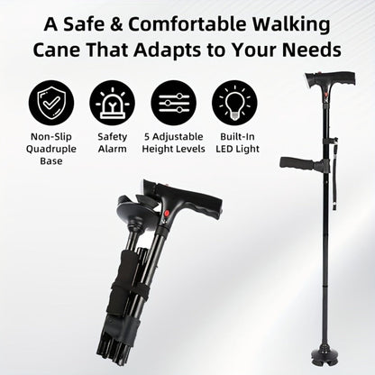 Foldable Walking Cane for Seniors Adjustable Height Folding Stick with Wrist Strap T-Handle for Entryways, Bedrooms and Living Spaces
