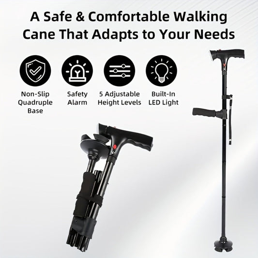 Foldable Walking Cane for Seniors Adjustable Height Folding Stick with Wrist Strap T-Handle for Entryways, Bedrooms and Living Spaces