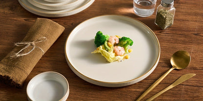 12-Piece Ribbed Dinnerware Set for Four with Dinner Plates, Salad Plates and Cereal Bowls in Two Cream Tones