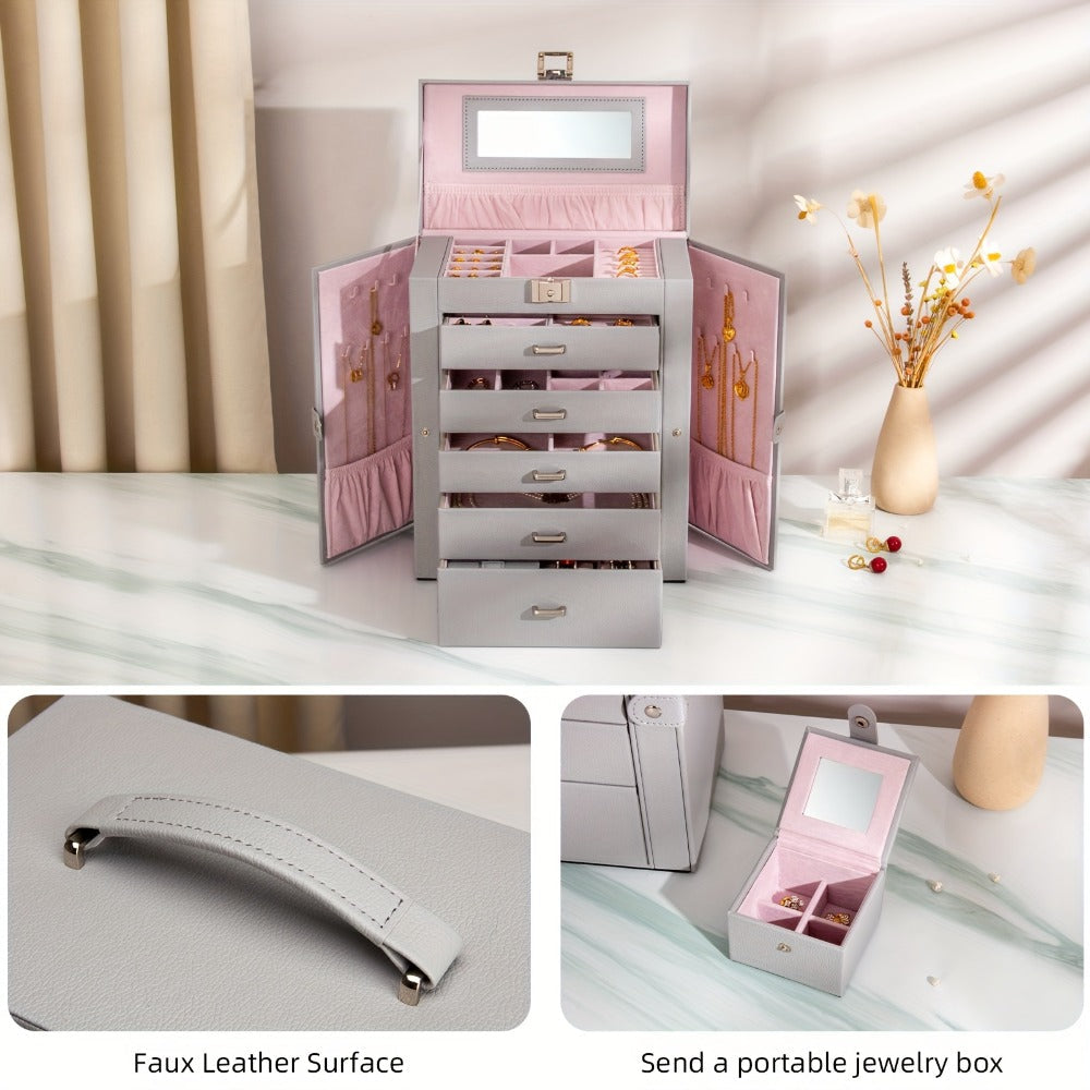 Jewelry Organizer 6-Tier Brown Storage Box with 5 Drawers, Built-In Mirror and Key-Lock Closure
