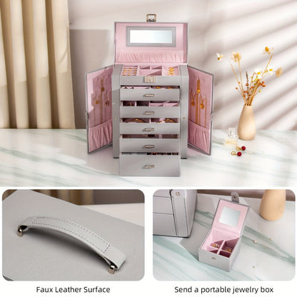 Jewelry Organizer 6-Tier Brown Storage Box with 5 Drawers, Built-In Mirror and Key-Lock Closure
