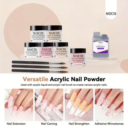Six-Color Acrylic Nail Powder Set with Monomer Bottle and Application Tool Assortment in Three Set Codes