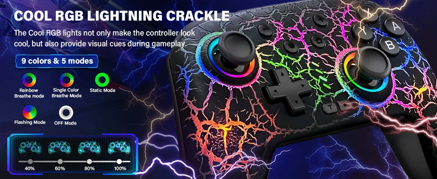 Switch Pro Controller Wireless RGB Rechargeable with 6-Axis Gyro & 10 RGB Lights, Compatible with Nintendo Switch