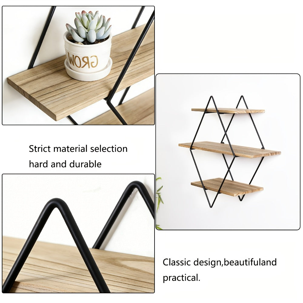 Three-Tier Diamond Wall Shelf with Dark Brown Boards, Black Wire Frame and 50 cm Pictured Height
