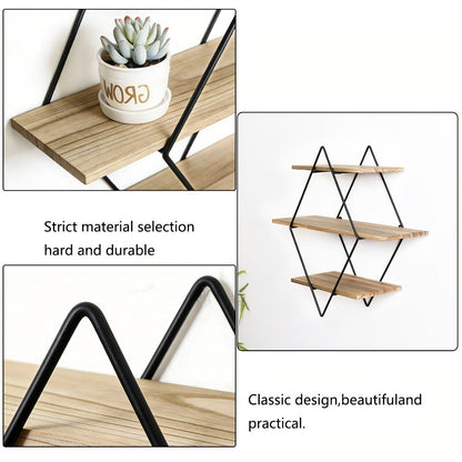 Three-Tier Diamond Wall Shelf with Dark Brown Boards, Black Wire Frame and 50 cm Pictured Height
