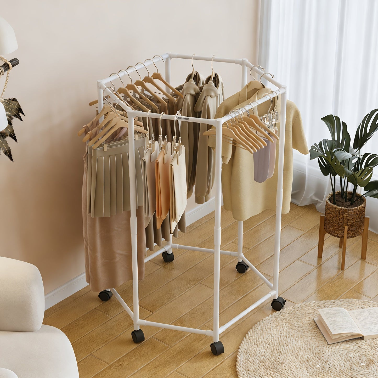 White Four-Sided Rolling Clothing Rack with Multiple Hanging Rails and 120 x 35 x 35 cm Frame