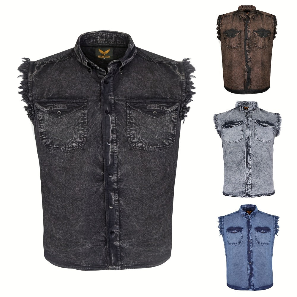 Men's Sleeveless Shirt – Fringe Hem Crew Neck Tank Top, Stonewash Cotton, Regular Fit for Streetwear, Beach & Vacation, Sizes M–XXXXL