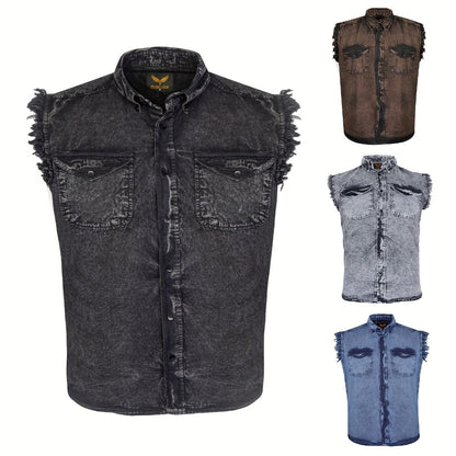 Men's Sleeveless Shirt – Fringe Hem Crew Neck Tank Top, Stonewash Cotton, Regular Fit for Streetwear, Beach & Vacation, Sizes M–XXXXL