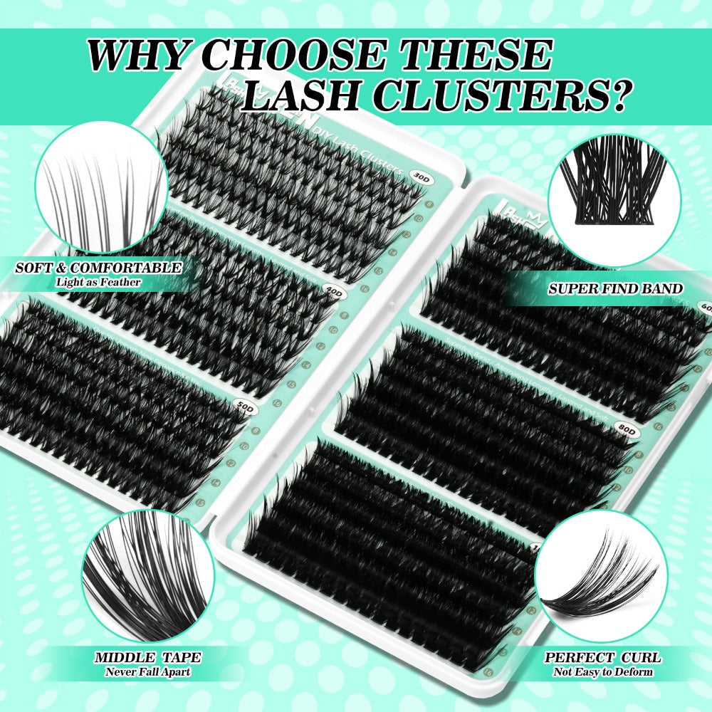 Lash Clusters Kit 708Pcs with Tweezers, Glue & Brush – Soft Silky Fiber False Eyelashes Full Voluminous DIY Lash Extension Set for Party