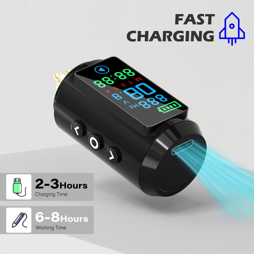 P7 1600mAh Cordless Tattoo Power Supply with Color Screen, Four Memory Modes and RCA Connector
