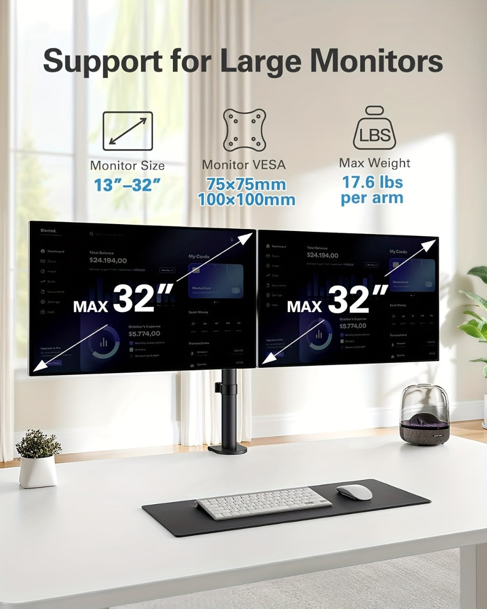 Adjustable Dual Monitor Arm for 13-32 Inch Screens, VESA 75x75/100x100mm, 45° Tilt 90° Swivel 360° Rotation
