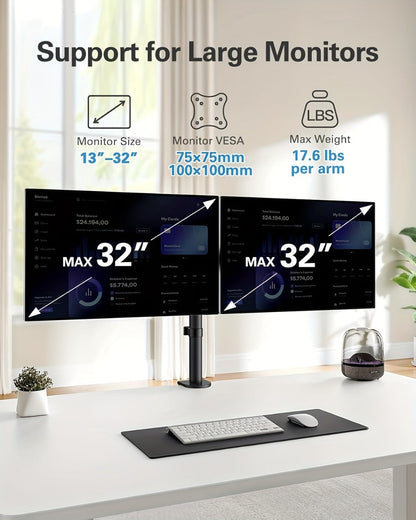 Adjustable Dual Monitor Arm for 13-32 Inch Screens, VESA 75x75/100x100mm, 45° Tilt 90° Swivel 360° Rotation