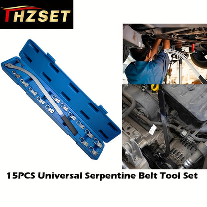 Serpentine Belt Tensioner Pulley Tool Kit – 15-Piece Universal Set with Curved Wrench, Torx & 12-Point Adapters for Engine Timing Belt